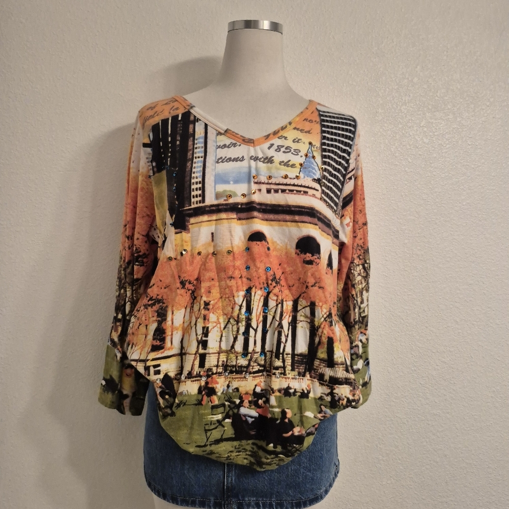 French Postcatds Scenic Novelty Print Long Sleeve Top Soft Womens Size L - Picture 3 of 12